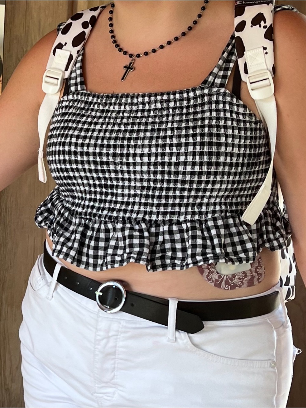 American Eagle Outfitters Black & White Gingham Smocked Ruffle Crop Top